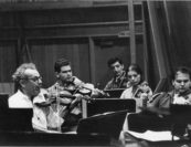 Sasha would often say "don't play orchestra, play chamber music." This 1960s orchestra rehearsal photo with Shmuel Ashkenasi (Vermeer Quartet), Charles Avsharian, Florika Remetier, Jaime Laredo (Kalichstein-Laredo-Robinson Trio), and Arnold Steinhardt (Guarneri Quartet) shows that they must have taken his admonition to heart. Photo by Judson Hall.