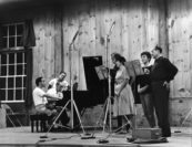 "Mr. Serkin felt that Marlboro is the place to learn to play second violin, to serve music." –Anthony Checchia // "Mr. Serkin would sit at the piano and play the figured bass. He did it with great pleasure; he did that with the same dedication he did anything else." –Benita Valente || pictured: Leon Fleisher, Rudolf Serkin, Ruslana Antonowicz, Wayne Connor, Benita Valente, Marlena Kleinman, and Martial Singher. Photo by Clemens Kalischer.