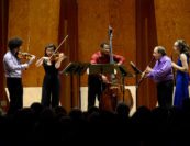 Kobi Malkin, Hwayoon Lee, Xavier Foley, Charles Neidich, Emily Beare. Photo by Pete Checchia.