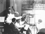 "When we did the famous 'Trout Quintet' there he was sitting in the wings, and it made a difference.  He had an armchair there and he was listening to everything that was going on.  You knew that whatever it is you had to give, you better do it at your very best." —Philipp Naegele, pictured with Julius Levine, Rudolf Serkin, Leslie Parnas, and Jaime Laredo on the album cover of their recording of the "Trout" Quintet for Columbia Masterworks 