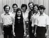 Madeline Foley participated in three Musicians from Marlboro tours from 1965-74, including this 1973-74 tour group comprised of David Levine, Eugene Drucker, Nobuko Imai, Madeline, James Buswell, Frank Cohen, and Heiichiro Ohyama. <i>Photo by Woodrow Leung.</i>
