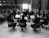 "Thanks to Mr. Serkin’s invitation, Leon started having living composers around, to get the music heard and also to get the music more familiar with people who were capable of playing very well, and that has continued (at Marlboro). The experience for young musicians to work with a composer who has a vision for his or her own music and to see what that is and to understand how a composer’s mind works a little differently from a performance... it’s an important part of what Marlboro offers." —Samuel Rhodes | Kirchner conducts a performance of Stravinsky’s Wind Octet, 1970. Photo by Judson Hall.