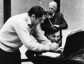 “Leon was really a major influence at Marlboro because, you know, Marlboro (was) founded by people who were mainly devoted to 19th century music. I think Leon always felt that he was an underdog at Marlboro, but he did some remarkable things conducting 20th century music, Stravinsky and Schoenberg... I will always remember that one of the great experiences, it was doing “Les Noces” with him and his rehearsing the four pianists endlessly until he got the results and chorus and everything.  Also doing the Berg Chamber Concerto with (Rudolf) Kolisch and Leon, which was a fascinating experience.” —Richard Goode | Kirchner, Rudolf Kolisch, and Richard Goode, 1967. Photo by J. M. Snyder.