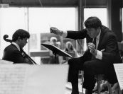 "It was Leon who really opened my eyes about Schoenberg. It started when we did the Schoenberg Serenade together. He really made me realize how beautiful Schoenberg could be. Most performances I’d heard of Schoenberg’s were so sterile, of people sounding so totally uninvolved. Leon was just the opposite. He tried to bring out the Romanticism that was always there, and it was amazing to me. It really opened my eyes, and I came to appreciate and actually love some Schoenberg." —Jaime Laredo | Kirchner conducts his Concerto for Violin, Cello, Ten Winds, and Percussion with Robert Sylvester and Pina Carmirelli, 1968.