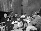 "I will always remember the performance of Arnold Schoenberg’s woodwind quintet at Marlboro. Leon spent two years coaching some of the best players in the world who devoted themselves to working on a piece considered nearly impossible to play correctly - transforming it into a joyous experience for everyone lucky enough to be there and to hear it brought to life!" —David Amram | Frank Morelli, Richard O'Neill, Sang-Jin Kim, Kirchner, and Kurt Muroki rehearse Copland's Appalachian Spring in 2001. Photo by Clemens Kalischer.