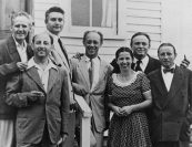 "[Marlboro was] the greatest success for all concerned, since music was made communally morning to evening—purely for pleasure—in the most varied combinations," said Busch. "He was always eager to talk about music, and ready to play anything just for the fun of it," added Marlboro co-founder Louis Moyse. | Marlboro Music founders Marcel Moyse, Louis Moyse, Rudolf Serkin, Blanche Moyse, Adolf Busch, and Hermann Busch, with Nathan Chaikin (second from left) in 1951.