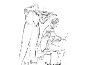 "Here [in the U.S.], just as much as anywhere else, the public yearns for good music and good art, and is happy about concerts with good programs. So the work that we do here—a few serious artists, Rudi and I, the quartet, my little orchestra, which I have once again established—is very satisfying, for the audiences are on our side." —Adolf Busch, in a letter to his niece, May Fahrländer, in 1942 | Drawing of Adolf Busch and Rudolf Serkin by Hilda Wiener,  c. 1935. 